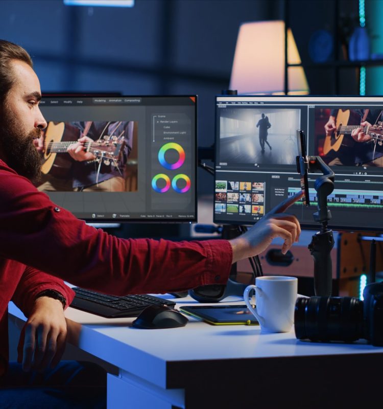 Video editor content creator filming tutorial about professionally editing footage